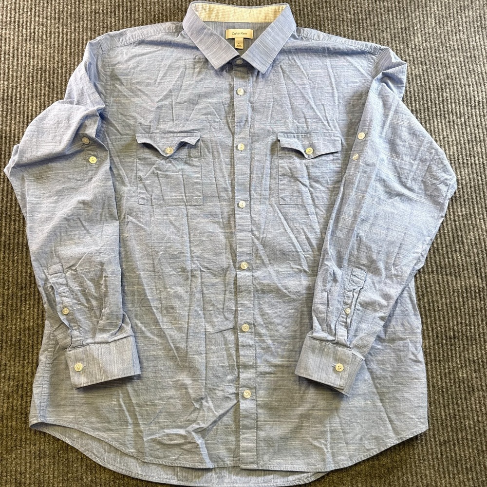 Calvin Klein Button Up Shirt Mens XL Blue Striped Cotton Long Sleeve Casual